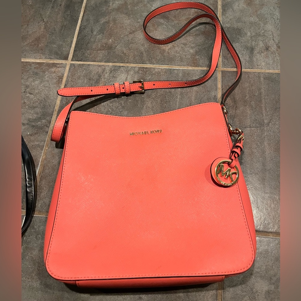 Michael Kors Vibrant Coral Crossbody Bag with Gold Accents- like new